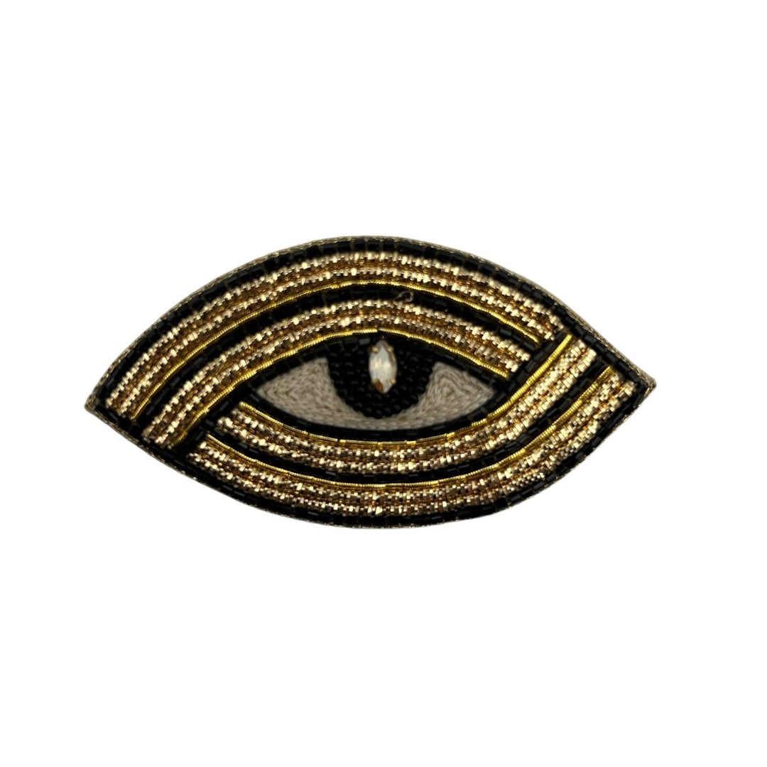 Chartreuse stripe makeup bag & Linear Eye Brooch