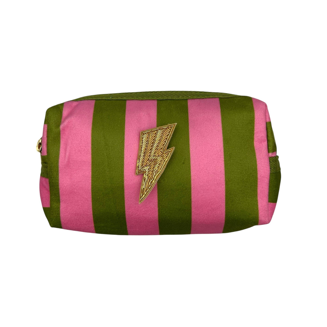 Chartreuse stripe makeup bag & Lightning Bolt Brooch