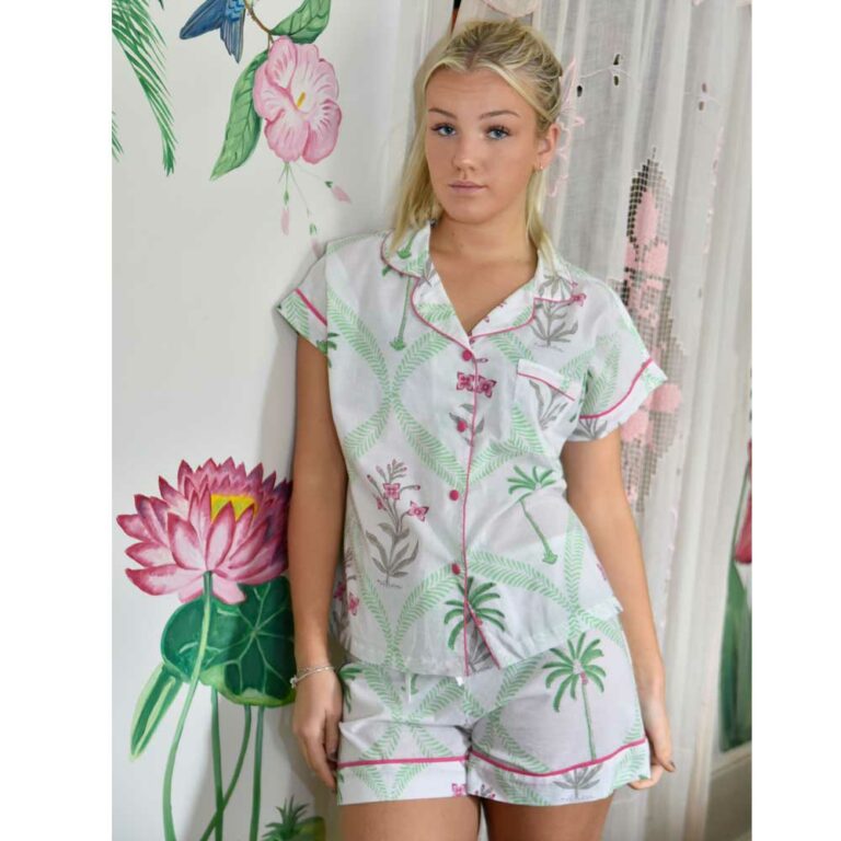 Floral Pink Palms Short Pyjama Set With Piping