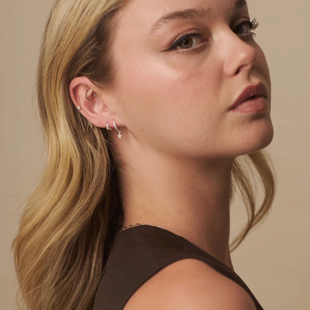 Pavé Mini Micro Star Drop Hoop Earrings Silver