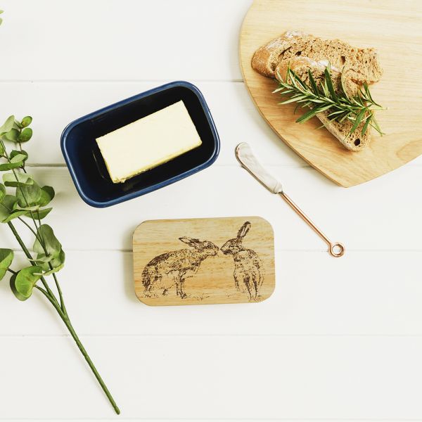 Kissing Hares Blue Butter Dish