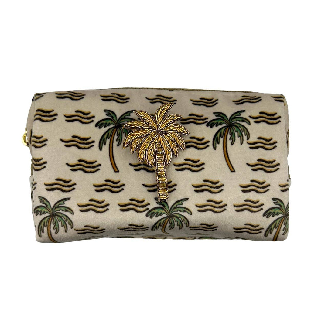 Sand palm make-up bag & palm tree pin - recycled velvet: Large