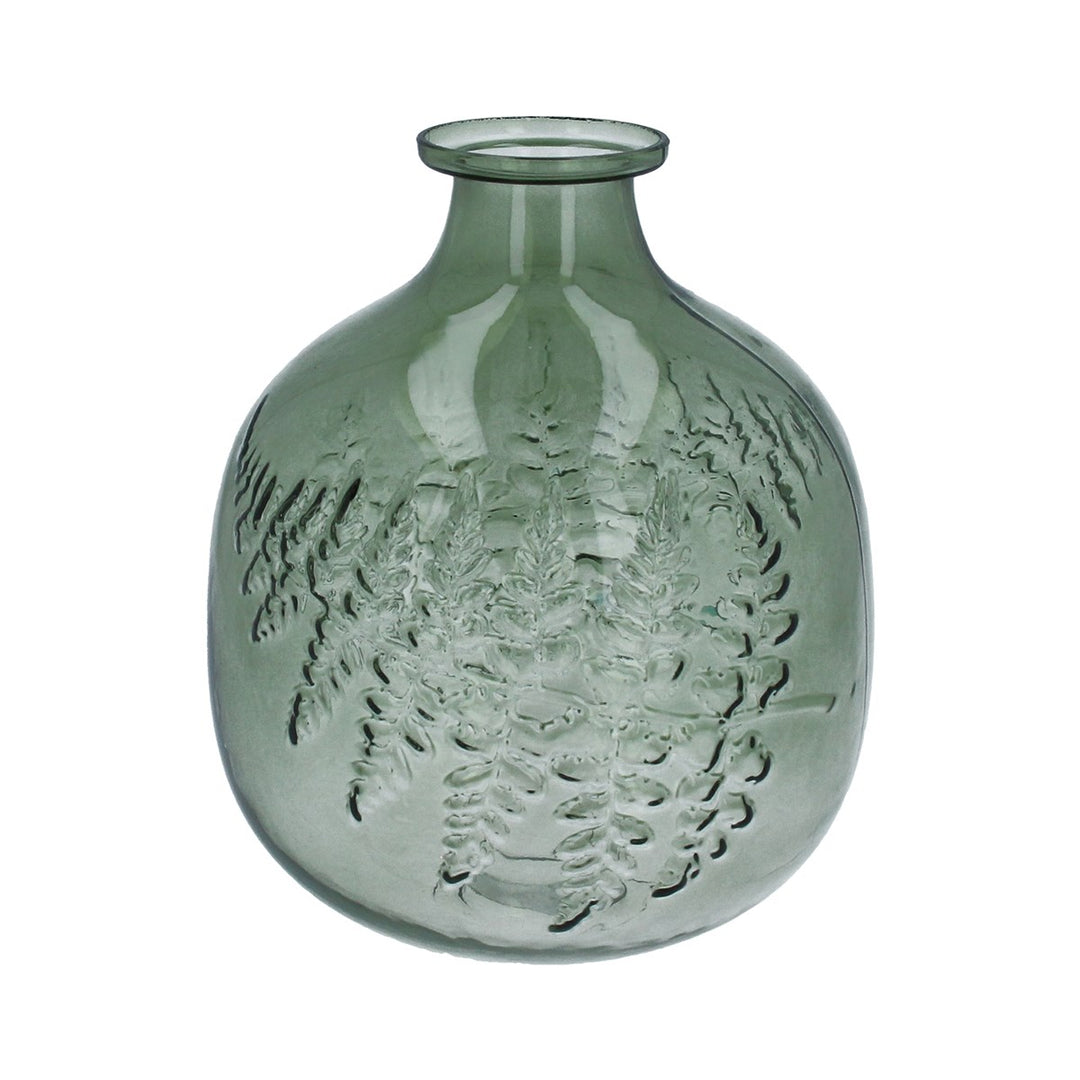 Green Glass Fern Impression Ball Vase, Lrg