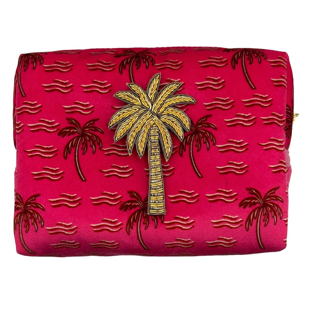 Pink palm make-up bag & palm pin - recycled velvet: Small