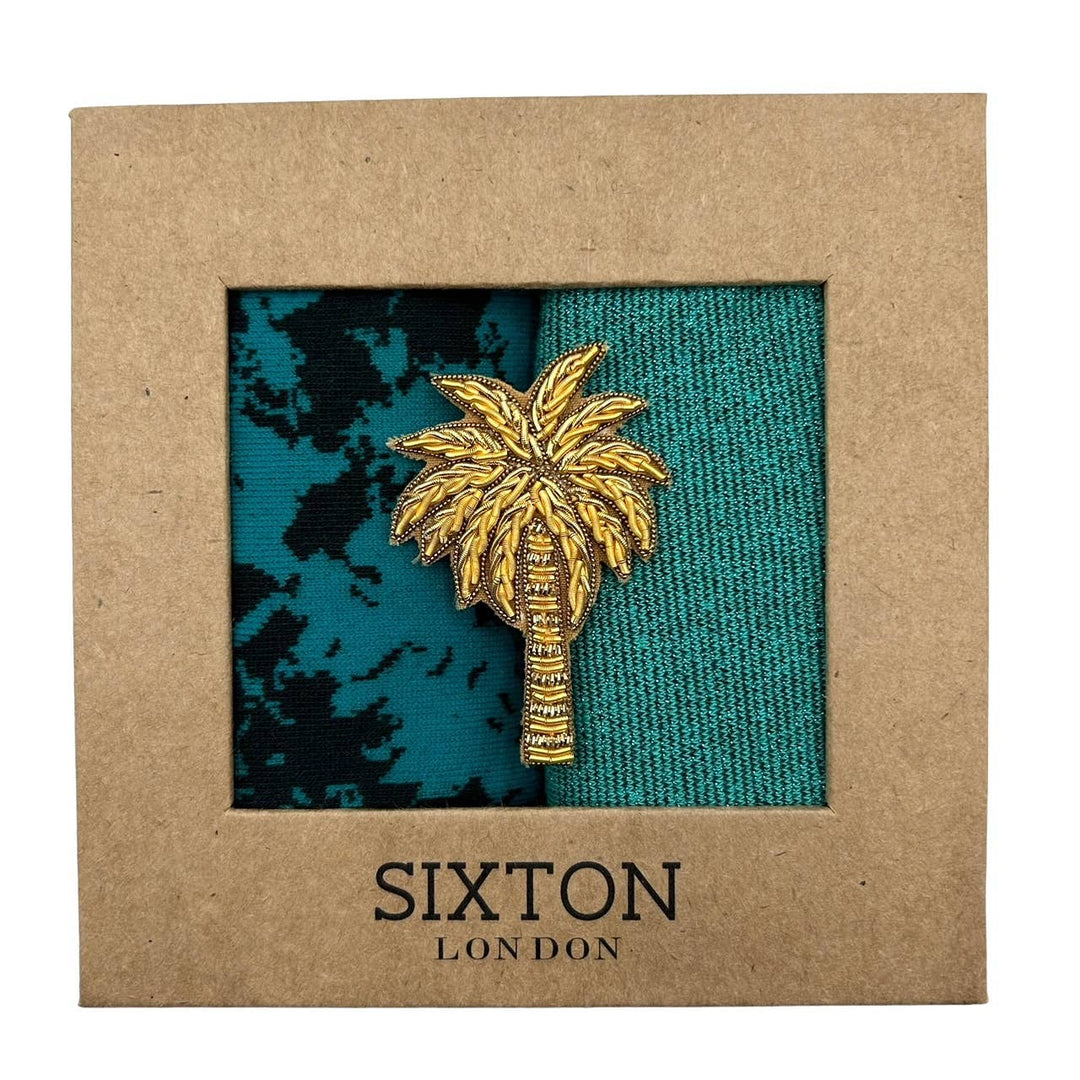 Turquoise floral mix duo sock box with palm tree brooch