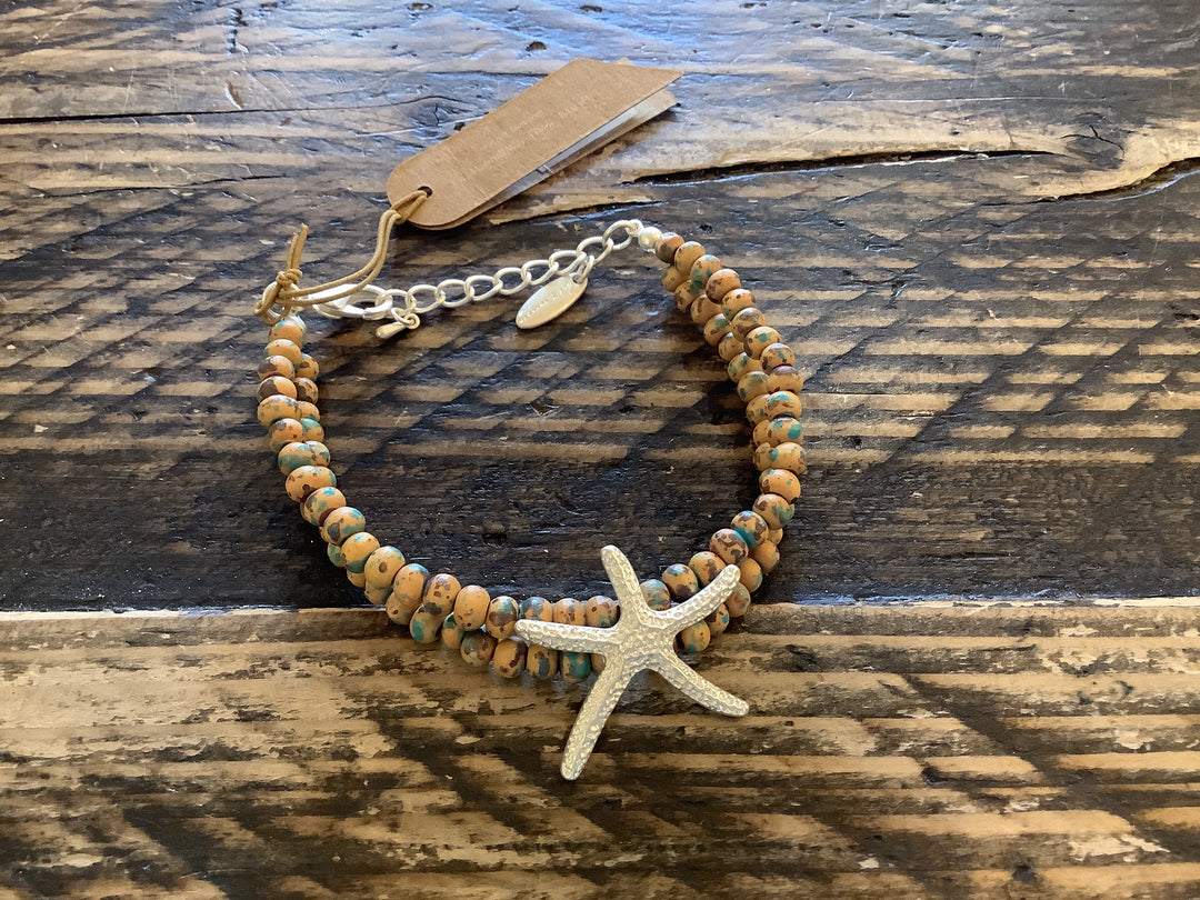 B - Starfish Motif on Weathered Beads - Turq/M.Silver