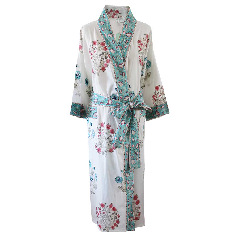 Pink & Mint Green Block Print Floral Dressing Gown