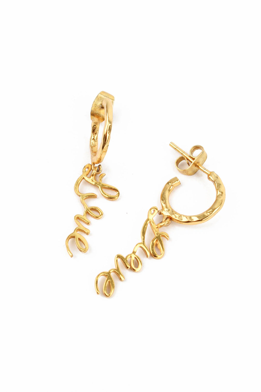 GOLD LOVE WRITING CHARM HUGGIE HOOP EARRINGS