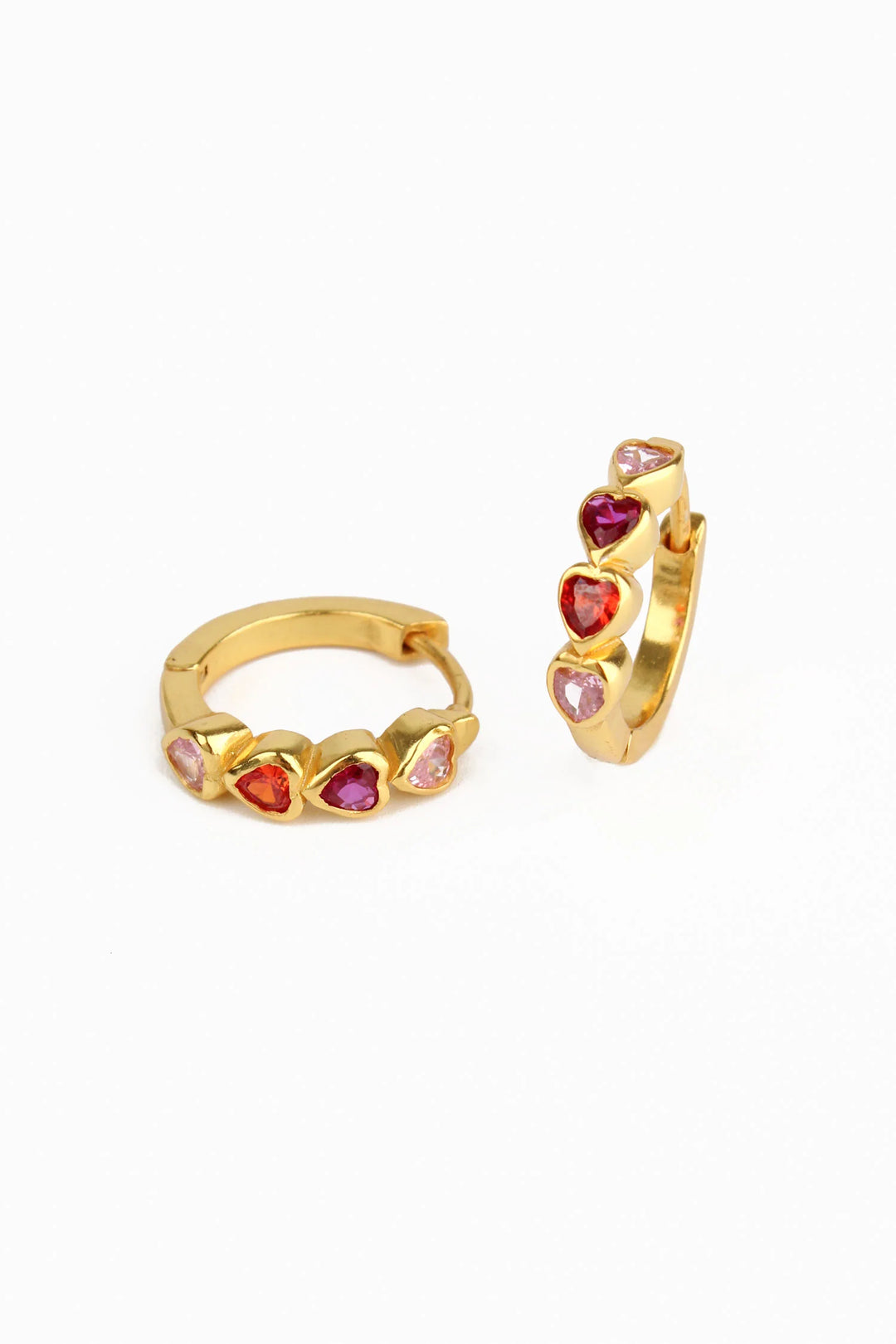 GOLD MULTI PINK CZ HEART HOOP EARRINGS