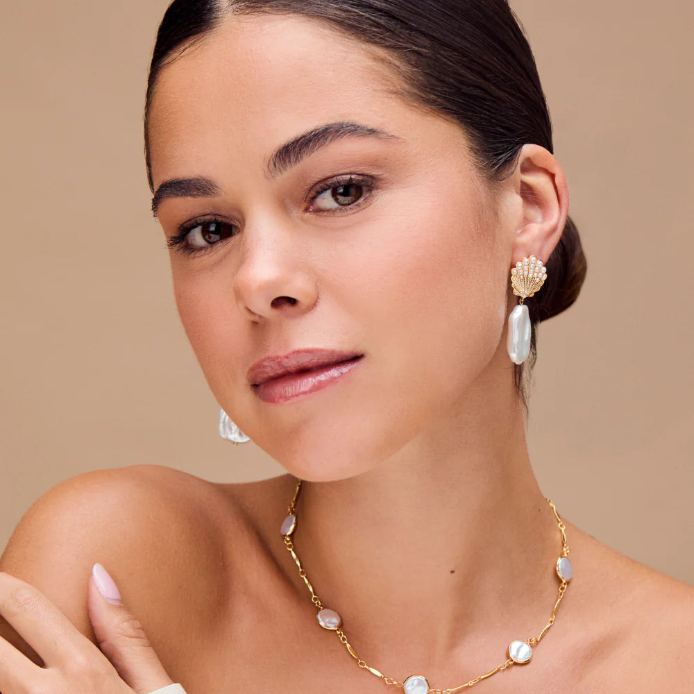 18k Gold Plated Embellished Shell & Pearl Drop Earrings