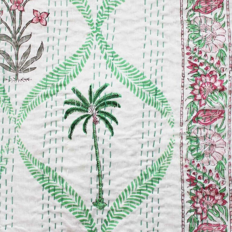 Floral Pink Palms Kantha Throw