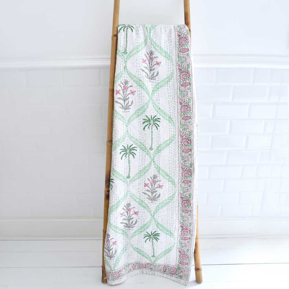 Floral Pink Palms Kantha Throw