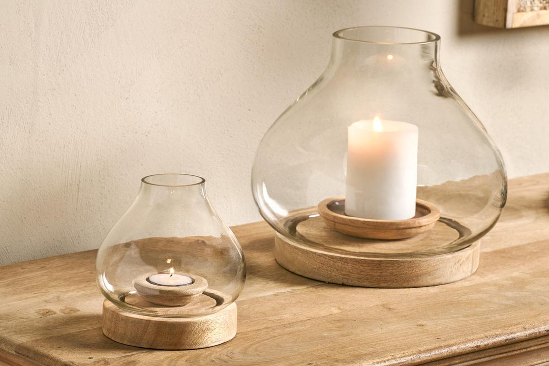 Naryla Lantern - Mango Wood & Glass - Small 14 x 13cm (dia)