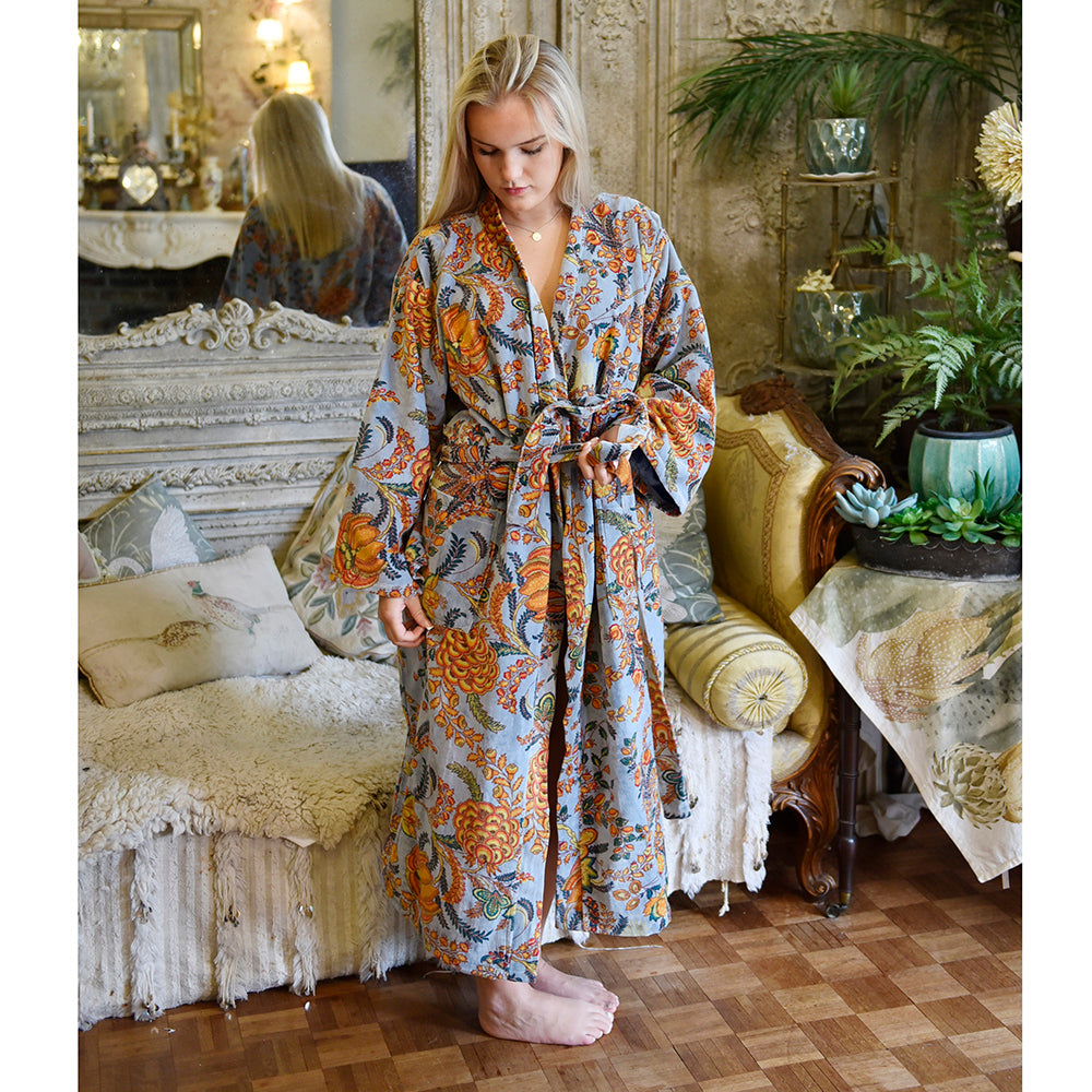 VELVET GREY, CORAL & MUSTARD  FLORAL DRESSING GOWN SATIN LINED