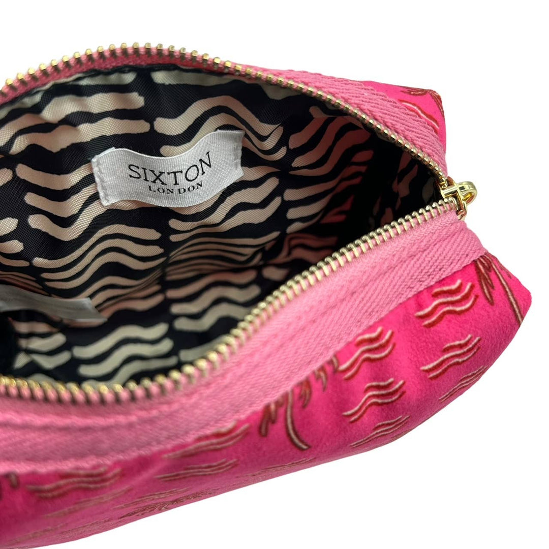 Pink palm make-up bag & palm pin - recycled velvet: Small