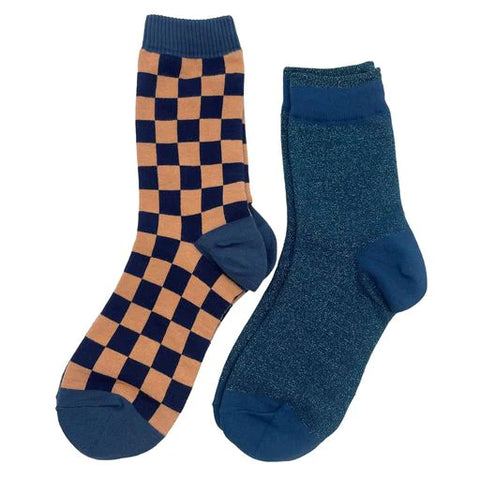 Chequerboard blue & peach & denim  Tokyo sock box duo