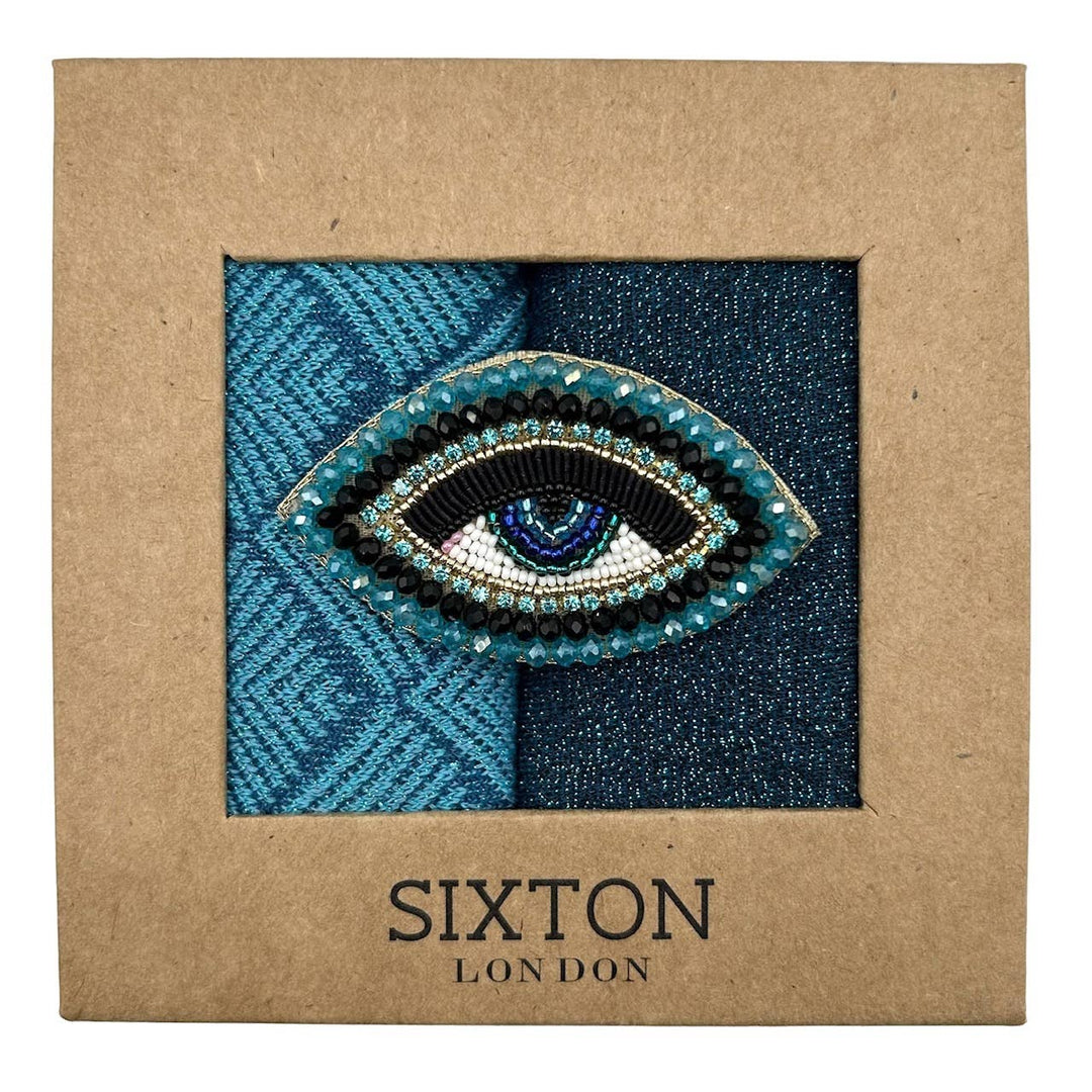 Blue mix duo sock box with turquoise eye brooch