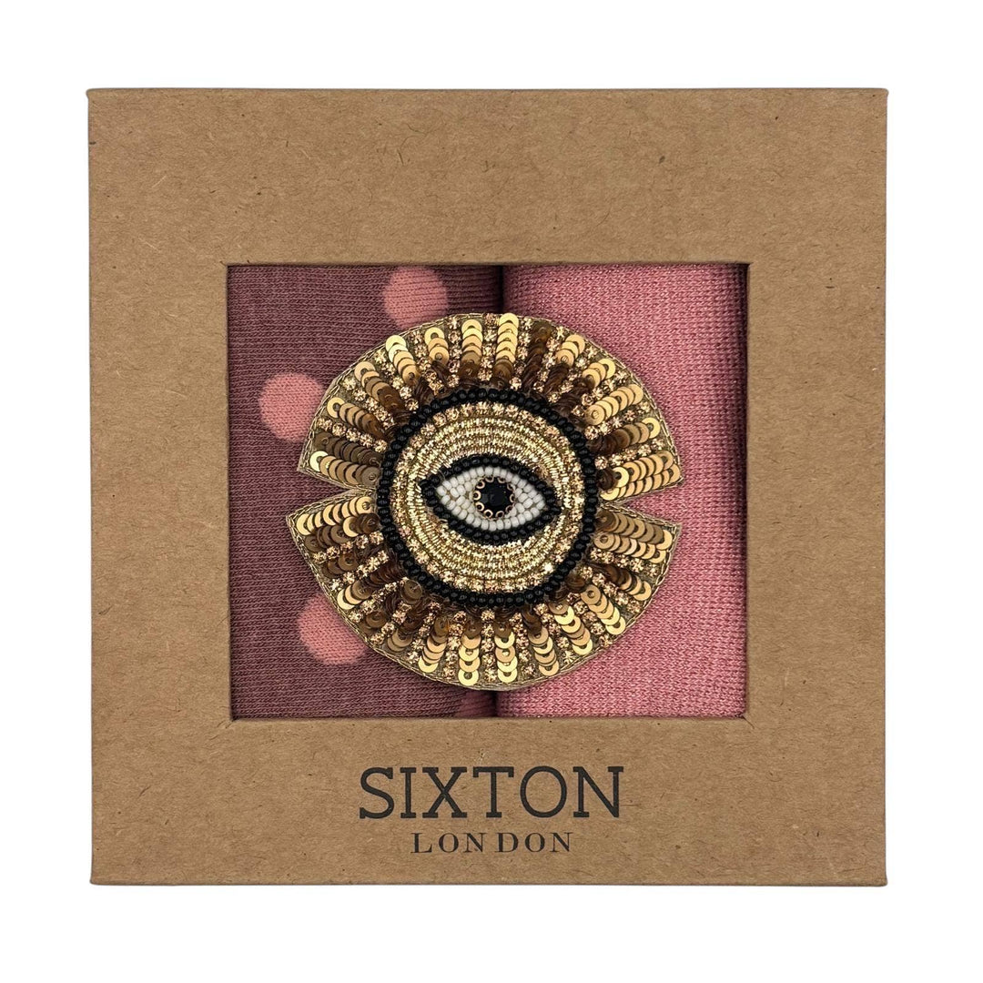 Pink Porto & Tokyo sock box duo with Sunray Eye brooch
