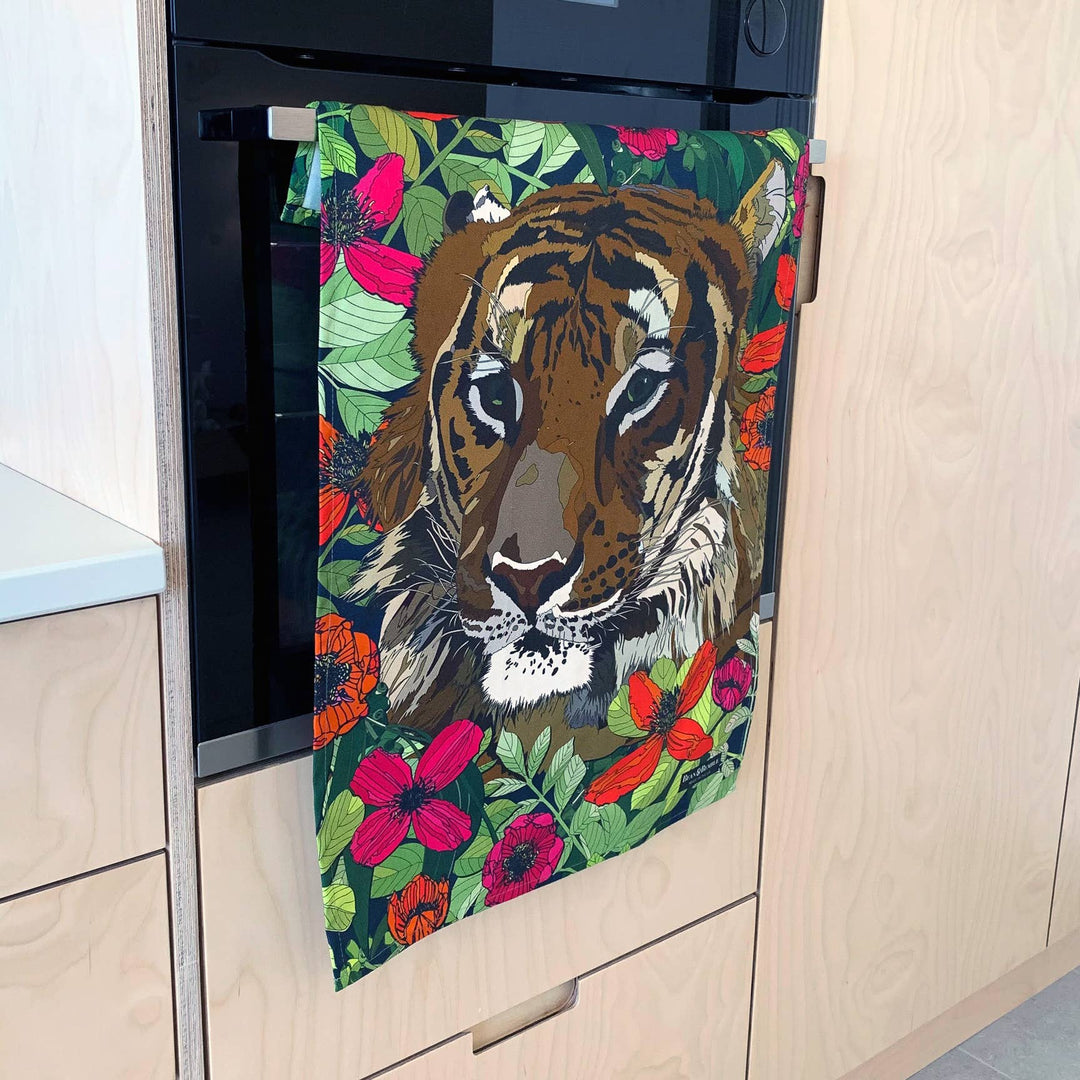 Tea Towel Wild Cat Tiger Jungle Floral