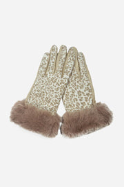 Cream Faux Fur Trim Leopard Print Gloves