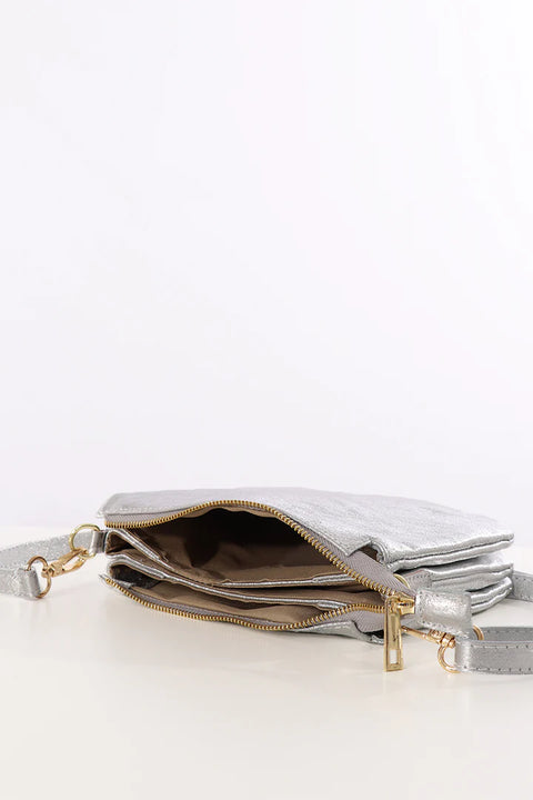 Silver Italian Leather Triple Section Crossbody Bag