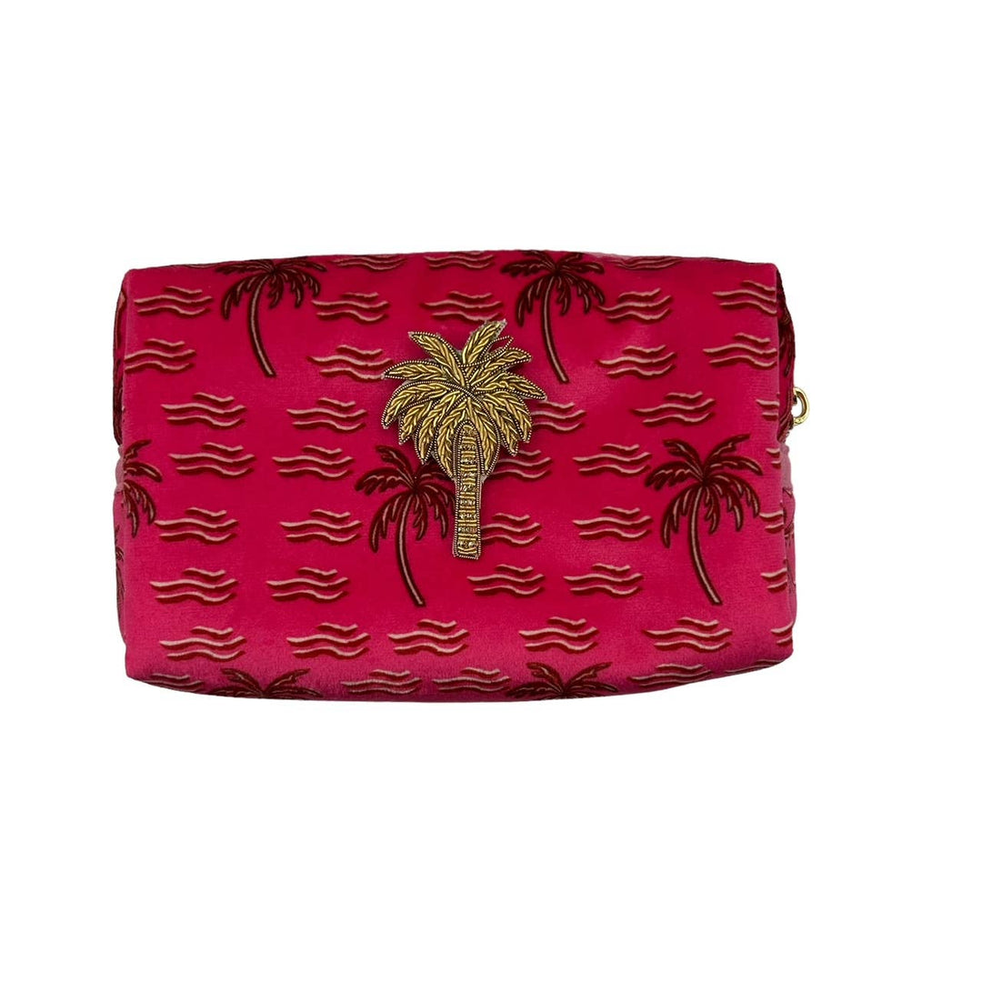 Pink palm make-up bag & palm pin - recycled velvet: Small