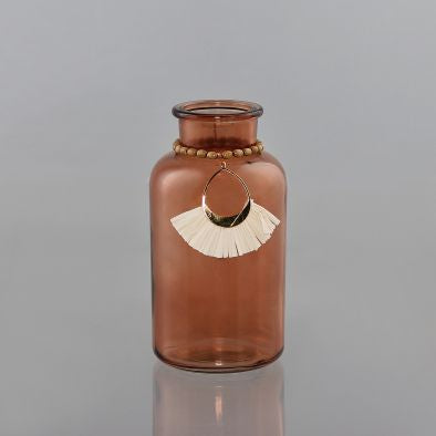 Deco Glass Vase Bohemian With Chaplet And Straw Hanger,