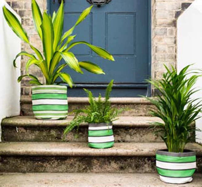 Eco Woven Plant Pot Cover in Grass Green, Indigo & Pearl