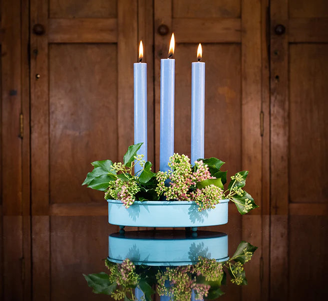 Small metal candle platter sky blue