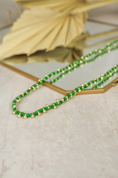 Green Cord & Bead Long Necklace