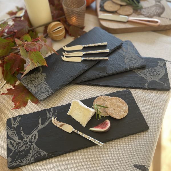 4 Etched Mini Country Animals Cheese Board &Knives Gift Set